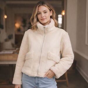 Stitch Fusion Faux Leather Sherpa Jacket Cream Zip Front Cozy Women’s L